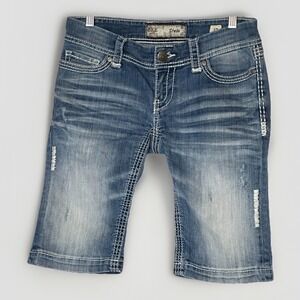 BKE Stella Denim Shorts Women's Sz 27 Medium Wash Distressed Thick Stitch Buckle